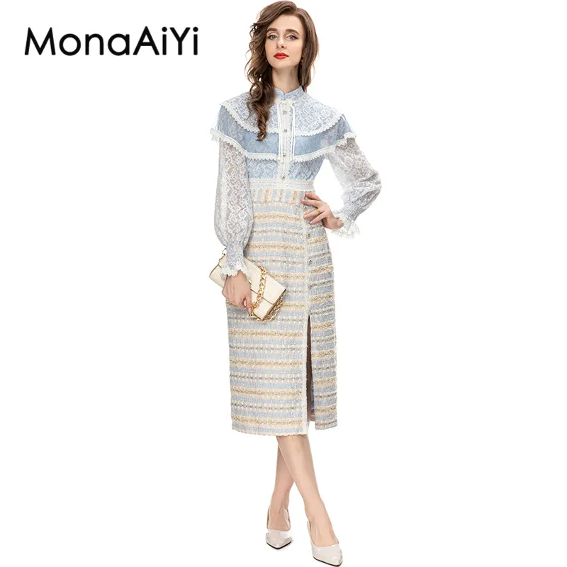 

MonaAiYi New Fashion Designer Spring Elegant Dress Women's Stand Collar Long Sleeves Lace Ruffled Slim Tweed Blue Split Dress