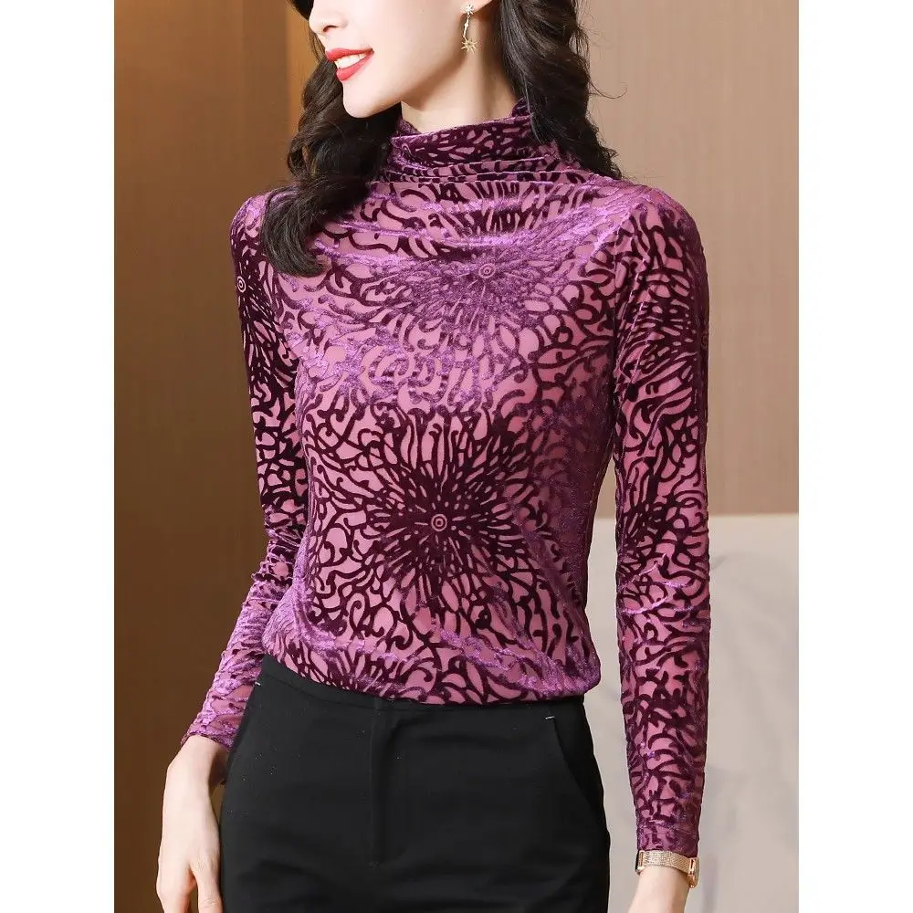 

Gauze Velvet Patchwork Double-deck Bright Line Printing Streetwear Women Top Tee Turtleneck Hollow Out Slim T-Shirts Floral 4XL