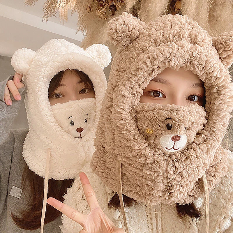 

Women Cute Bear Ear Beanies Hat Mask Scarf All-in-one Caps Winter Warm Thick Fleece Bobble Hat Fluffy Fuzzy Hats Scarf Caps