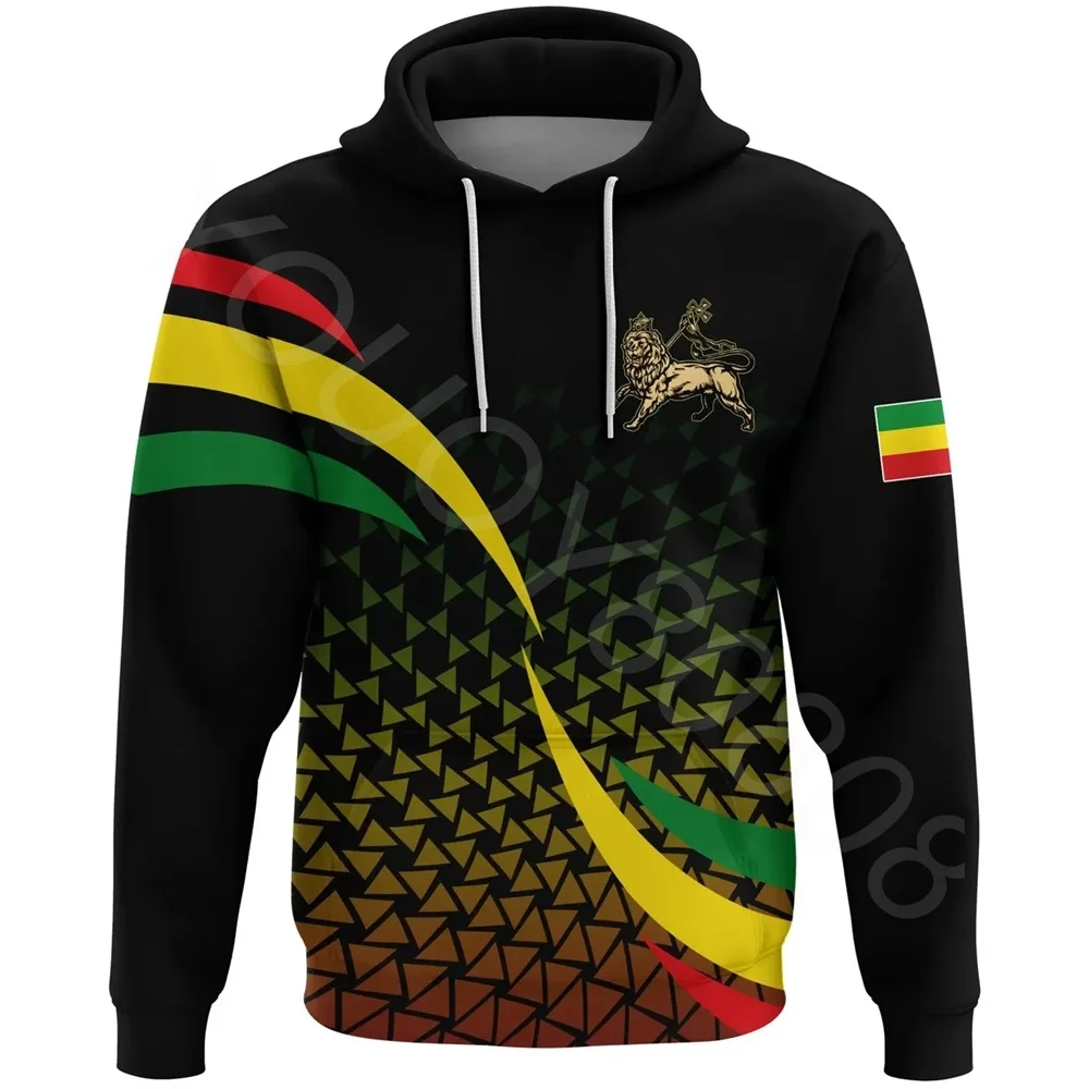 

African Region Men's Round Neck Casual Sweatshirt Print Street Hoodie - Ethiopia Rasta Lion Black Pullover Autumn/Winter New