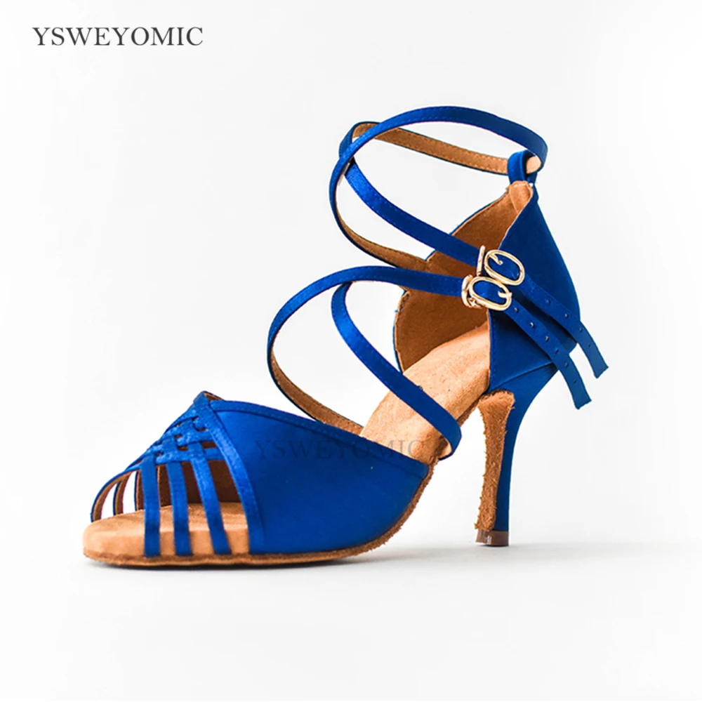

3inch Heel 2023 Customized Blue Satin Salsa Latin Girls Dance Shoes With Indoor Sole Printing Logo Wholesale Dance Shoes