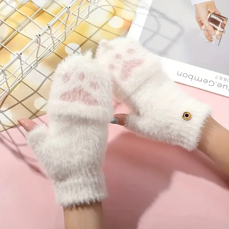 Soft Furry Lining Fingerless Gloves for Winter Outdoor Use
