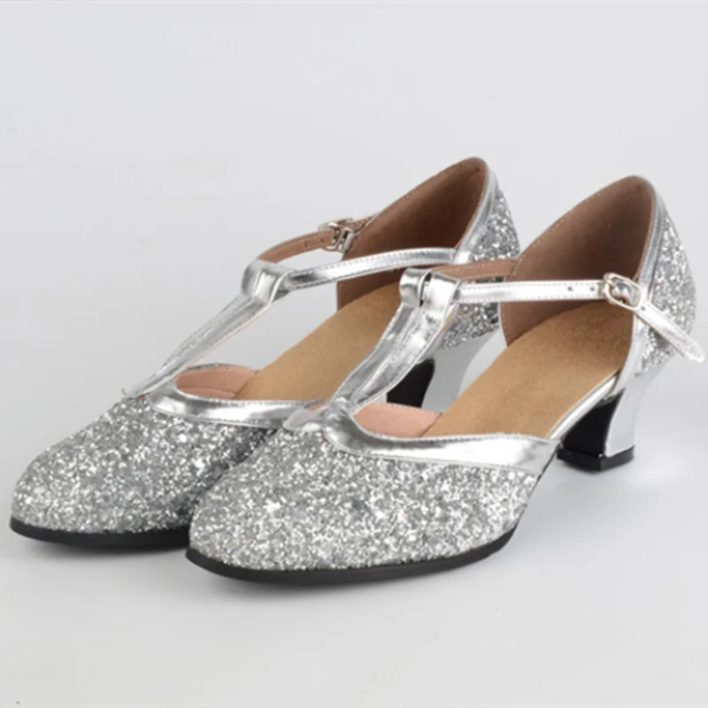 Modern Dance Shoes Women Ladies Sequin Glitter Closed Toe Tango Shoes T Strap Standard Waltz Ballroom Dancing Shoes Low Heels 2