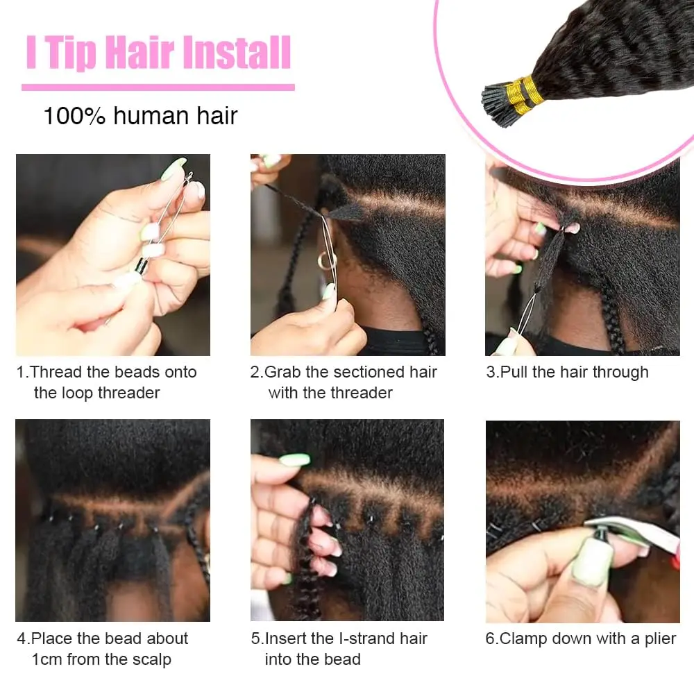 I Tip Hair Extensions Kinky Straight Human Hair Extensions Natural Black Color I Tip Human 50 Strands/Pack