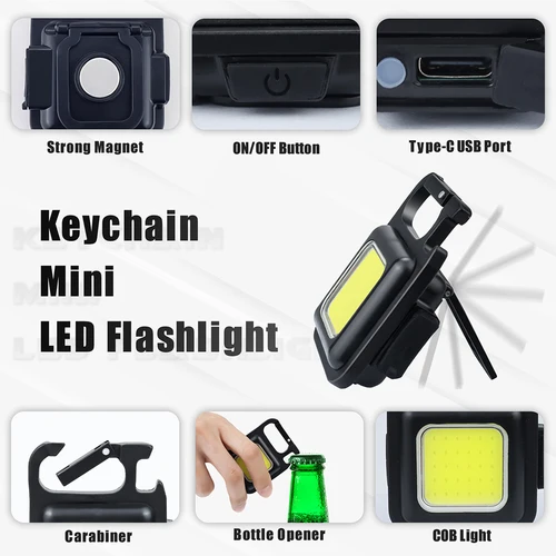 500mAh 미니 LED 손전등, 다기능 작업 조명, 휴대용 포켓 손전등, 열쇠 고리, USB 충전식 캠핑 플래시 라이트 4