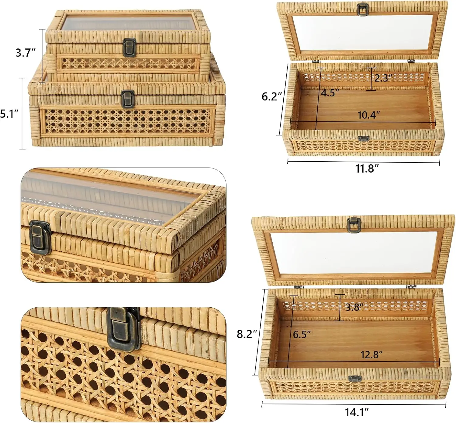 Rattan and Cane Stacking Boxes with Glass Top Lid - Set of 2 for Boho, and Rustic Farmhouse Decor 4
