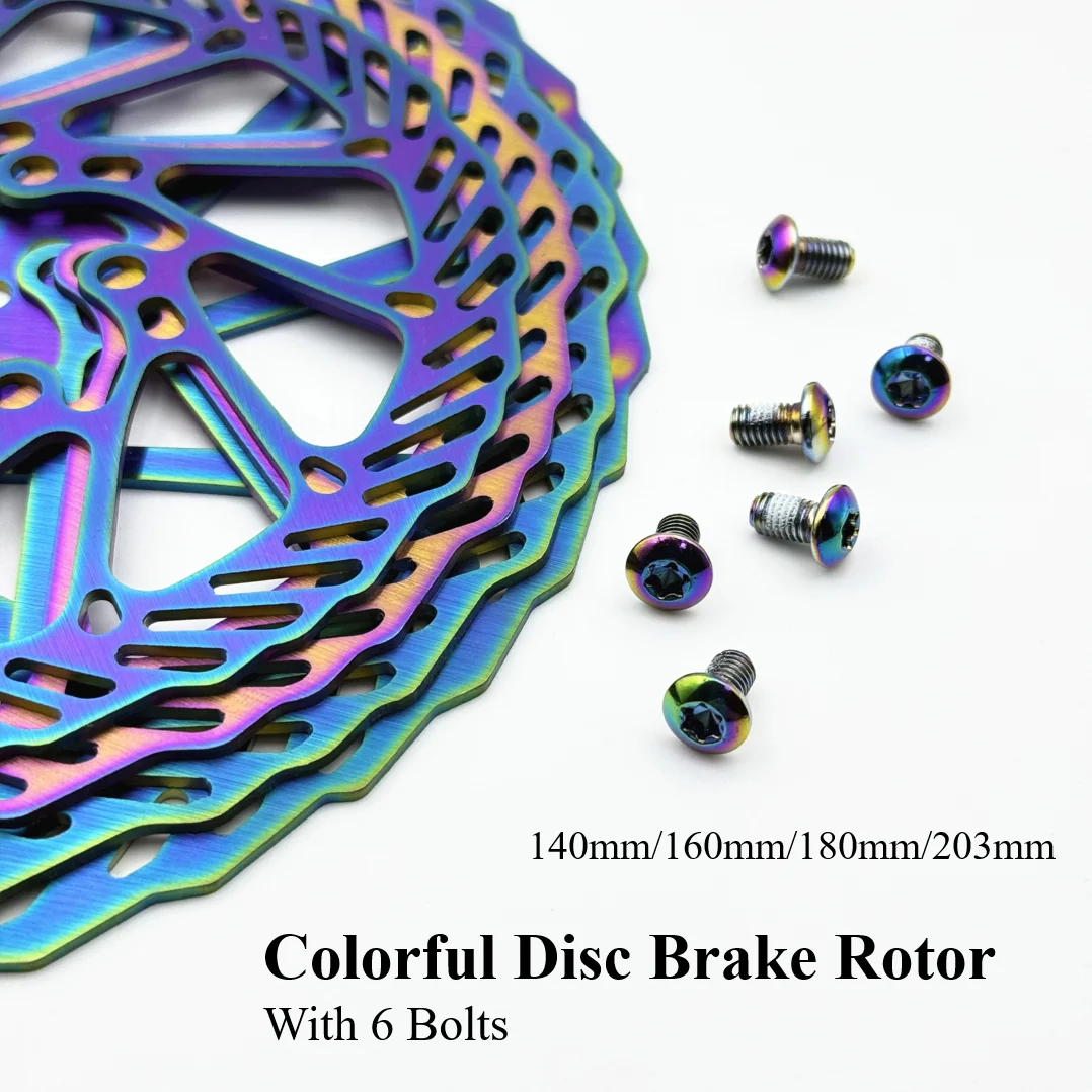 140mm/160mm/180mm/203mm Bicycle Stainless Steel Disc Brake Rotor, with 6 Bolts, for MTB/Road Bikes, Colorful & Stylish Design