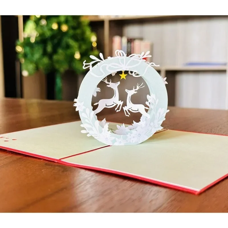 1 pcs Christmas card circular deer 3D simple hollow out thank you and blessing card thank you cards gift