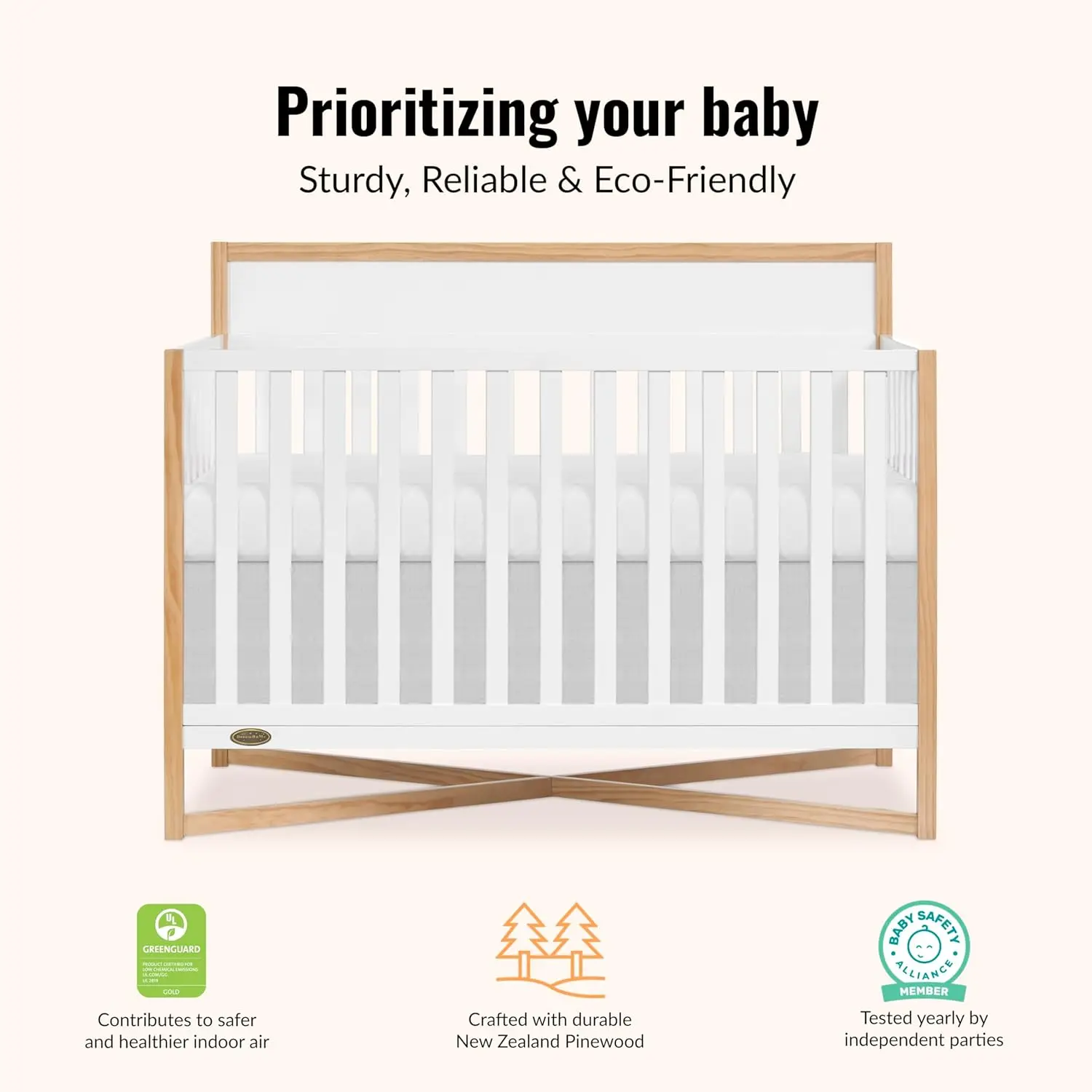 Owen 5-in-1 Convertible Full-Size Baby Crib in Vintage White Oak, GreenGuard Gold & JPMA, Converts to Toddler, Day, & Full-Size