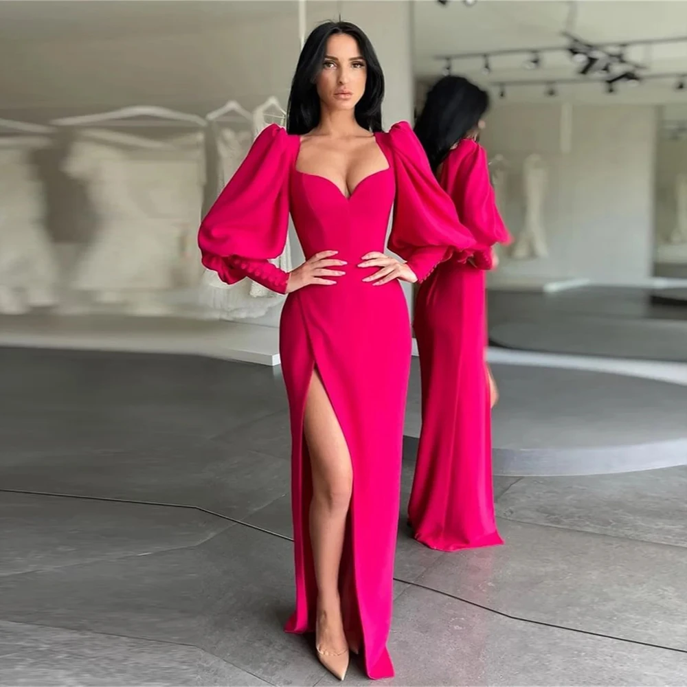 

Elegant Fuchsia Long Mermaid Side Slit Evening Party Dresses Sweetheart Long Puff Sleeves Button Arabic Formal Prom Dress Gowns