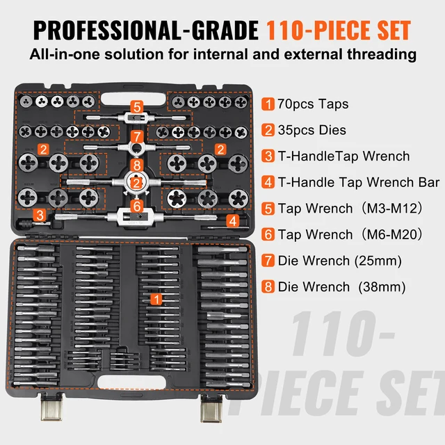 VEVOR Tap and Die Set 40PCs 60PCs 80PCs 110/116PCs Metric or SAE Standard Bearing Steel Taps and Dies Essential Threading Tool 4