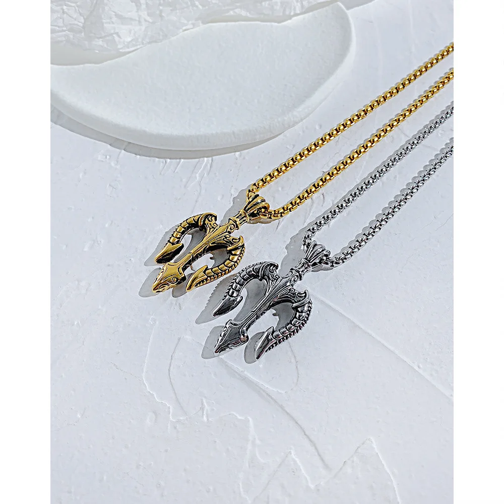 

KouCh Fork Design Punk Style Man's Fish Fork Charms Pendant Necklace Steel Color High Quality Beads Chains Gothic Hip Hop Jewelr
