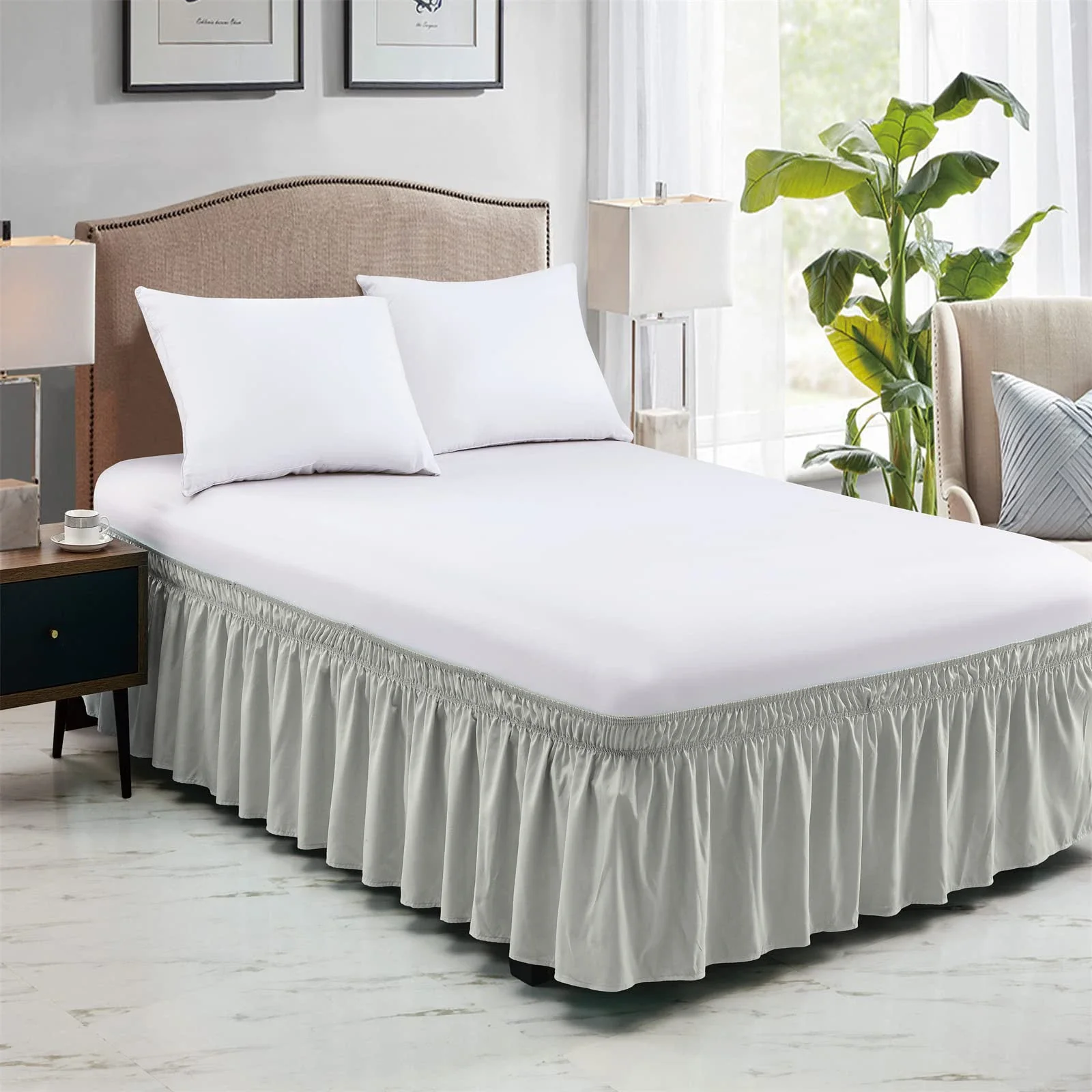 Description Picture 3 of itemElastic Ruffle Bed Skirt Solid Color Wrap Around Style Comfortable Fade Resistant Bed Cover Without Surface Twin Queen King Size