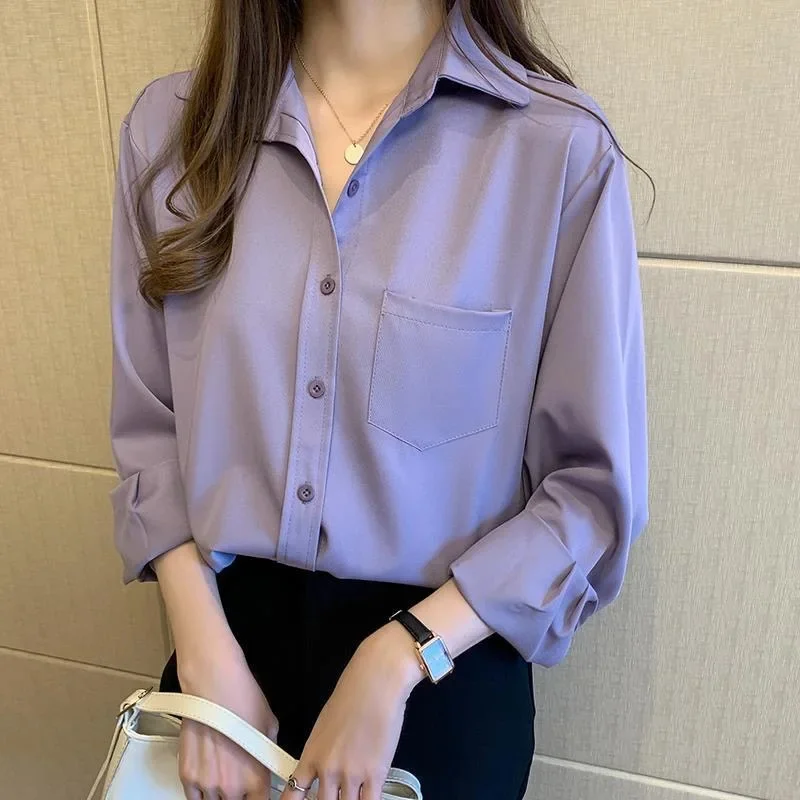 Women Spring Autumn Style Blouses Shirts Lady Casual Long Sleeve Turn-down Collar Solid Color Blusas Tops