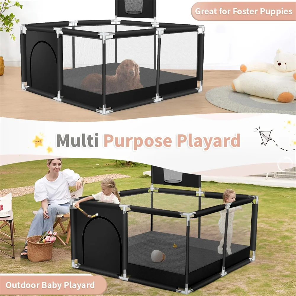 Large Square Baby Playpen (50x50 Inch) with Basketball Hoop