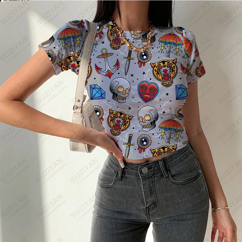 

2023 Fashion Women's Tight Short Sleeve T-shirt Skull 3D Print Street Style Retro Women's Round Neck Short Sleeve Top Breathable