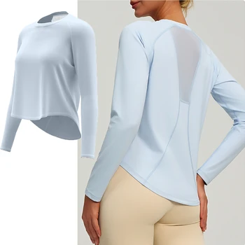2026 Spring Summer New Women's Yoga Top Loose Mesh Breathable Sports Long Sleeve T-shirt Basic Solid Color Top Riding Clothes 1
