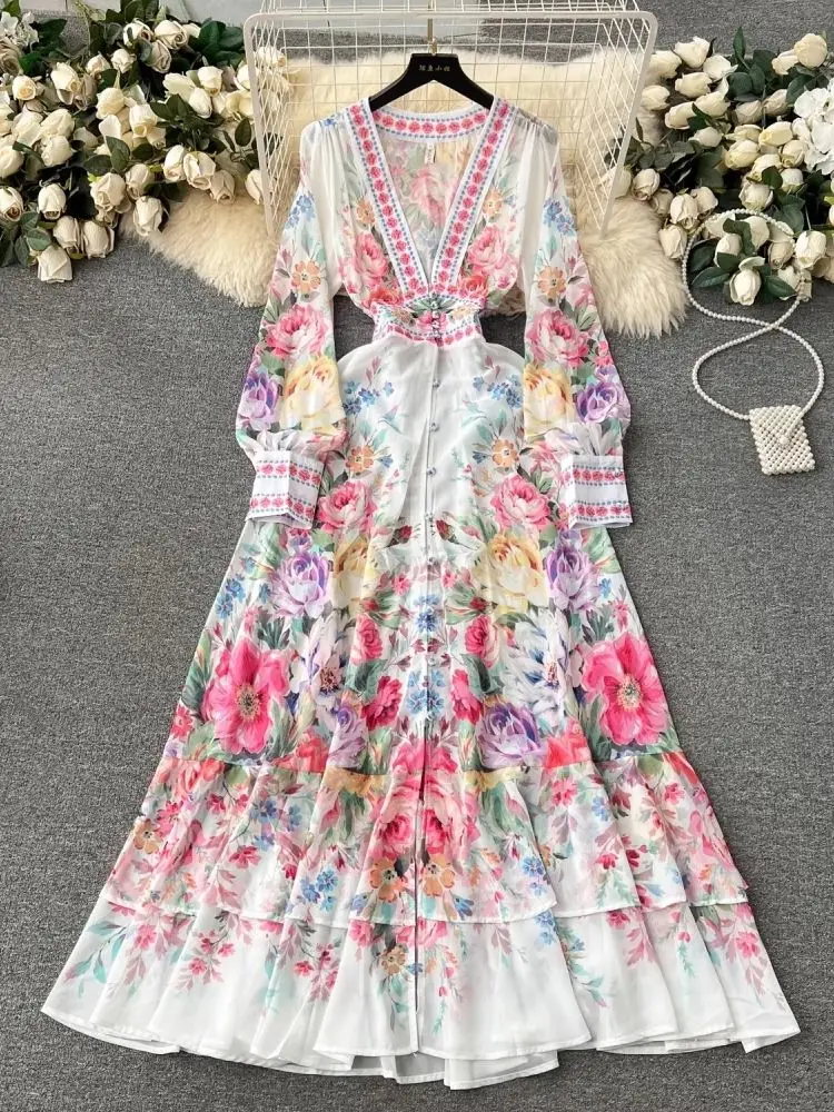 Vestido Largo De Gasa Para Mujer SEVETAT - Estilo Bohemio Con Cinturón, Cuello En V, Estampado Floral, Primavera-Verano 2023, Ideal Para Playa, Fiesta O Uso Diario