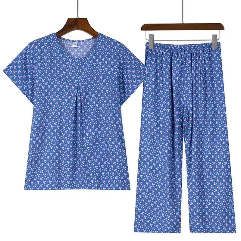 Fdfklak Summer New Mother's Two-piece Suit Middle-aged Leisure Home Pajamas Cool Sleepwear Printed Nightclothes Pijama Mujer