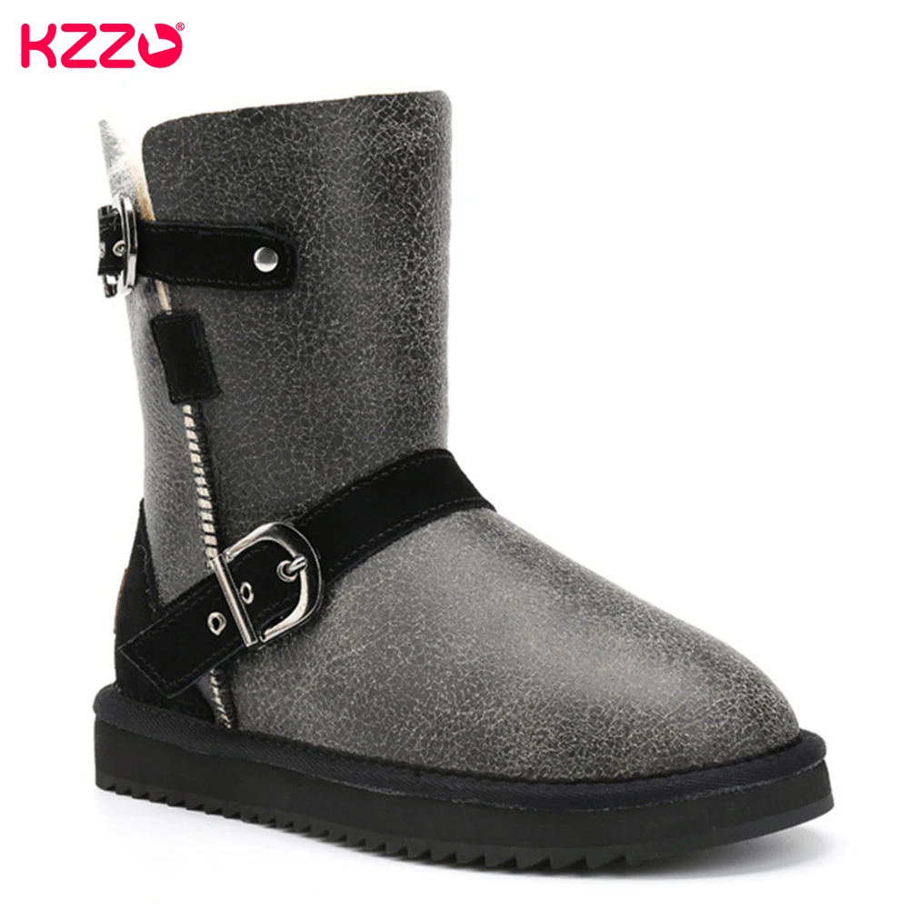 

KZZO New Sheepskin Leather Woman Snow Boots Natural Wool Fur Lined Mid-calf Casual Buckle Boots Winter Warm Shoes Waterproof