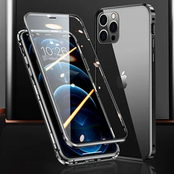 360° Full Protection Magnetic Metal Phone Case with Double-Sided Glass Bumper Cover for iPhone 13 (Black)