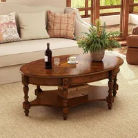 Traditional Wood Oval Coffee Table with Drawer, Beewax Living Room Cocktail Tea Table with Storage Shelf Center Table with Carv 1