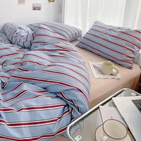 Ensemble de literie quatre pièces en coton lavé, housse simple à rayures rouges et bleues, drap de lit pour le lit 4