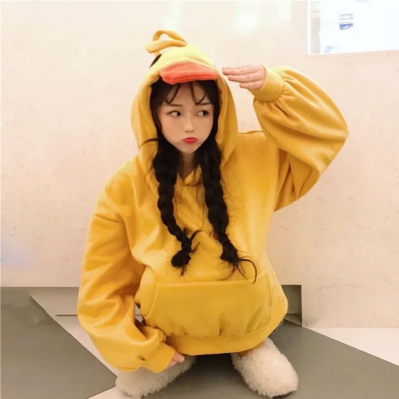 

Loose Hoodie Women's Long Sleeve Cute Teen Tops Korean Style 2021 New Fashion Winter Kawaii Yellow Casual Pullover Soft Women