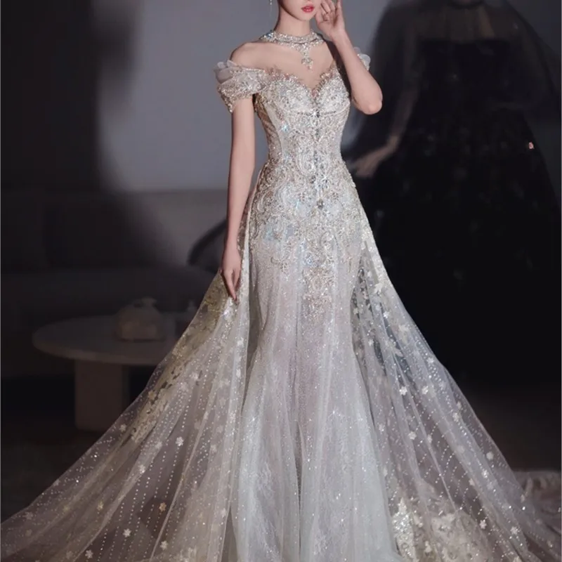 新しい宴会フィッシュテイルイブニングドレスロングスリム花嫁  