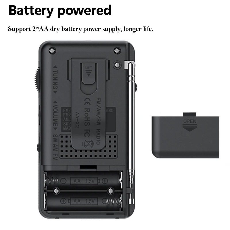 Portable Full Band Radio Mini FM AM SW Radios Receiver with High Power Speaker Support LED Light Wired Headset 2*AA Batteries