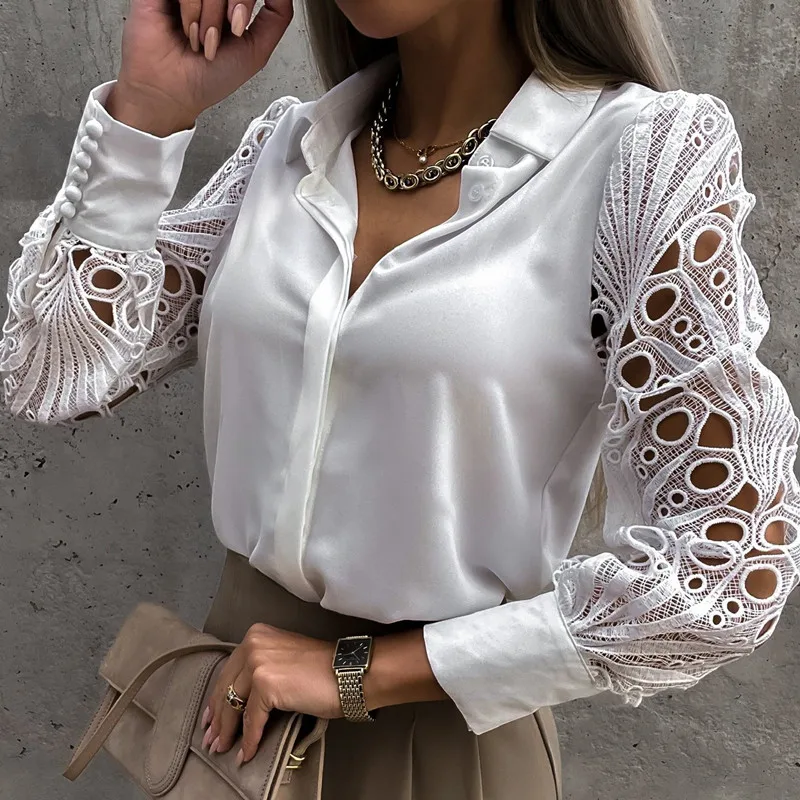

White Lace Patchwork Shirt Top Woman Spring Summer Casual Long Sleeve Shirts For Women 2022 Vintage Hollow Out Button Blouses