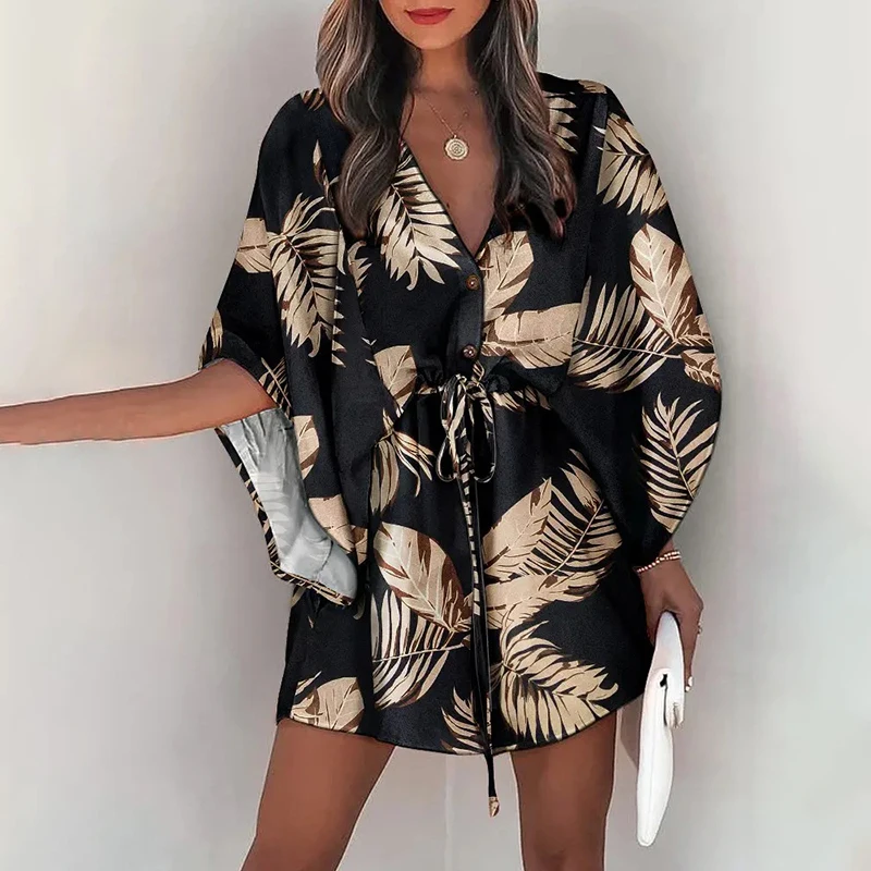 

Cover Up Summer Beach Mini Dresses Women Boho Casual Print V Neck Lace Up Button Batwing Sleeve Female Sexy Party Dress Vestidos