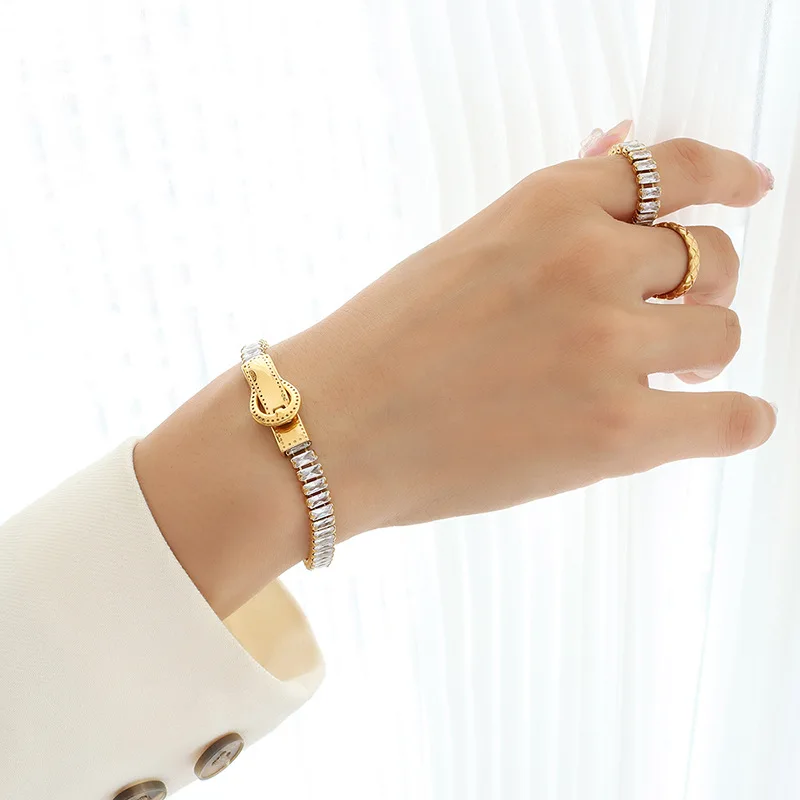 Colorful Zircon Elastic Belt Buckle Bracelet for Women – Trendy Stainless Steel Jewelry Accessory