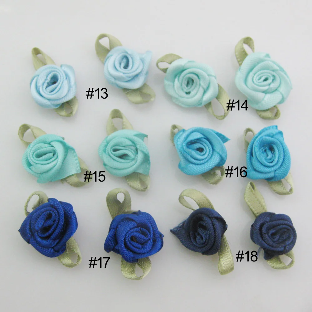 Vibrant Fabric Ribbon Rose Rosettes with Leaf - Set of 50 Flower Embellishments for DIY Crafts & Sewing Supplies