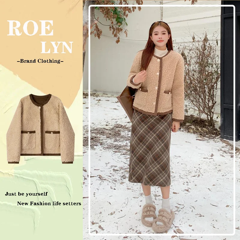 

【ROELYN】2023 Winter New Fragrant Wind Woolen Coat Quilted Cotton Short Round Neck Woolen Coat Elegant Women