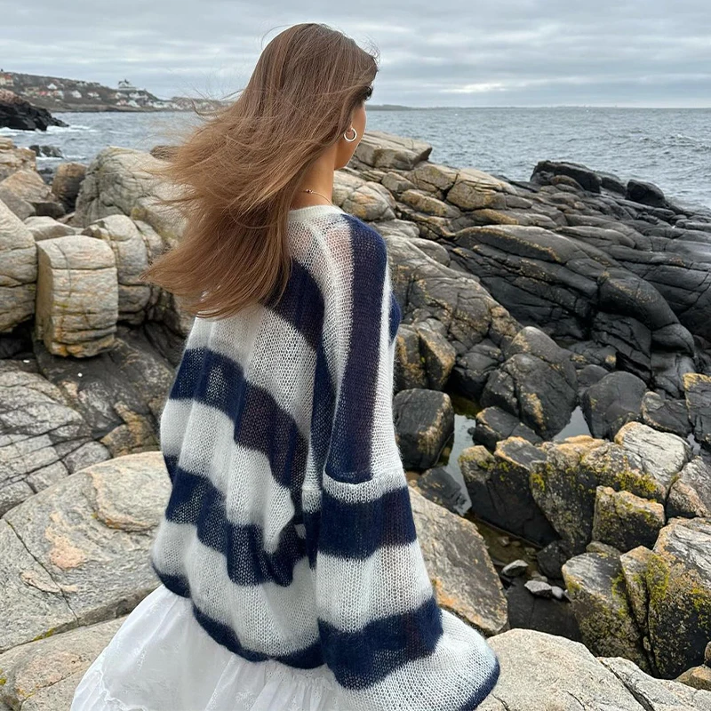 Loose Mohair Striped V-neck Cardigan Women With Scarf Fashion Lantern Sleeve Single Breasted Knitwear Casual Lady New Streetwear