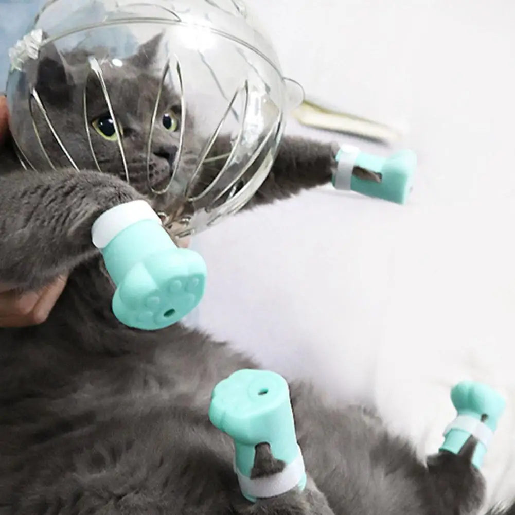Cat Muzzle and Boots Anti Bite Cat Breathable Hood Anti-Licking Clear Reusable Helmet with Paw Cover Anti-Scratch Paw Shoes