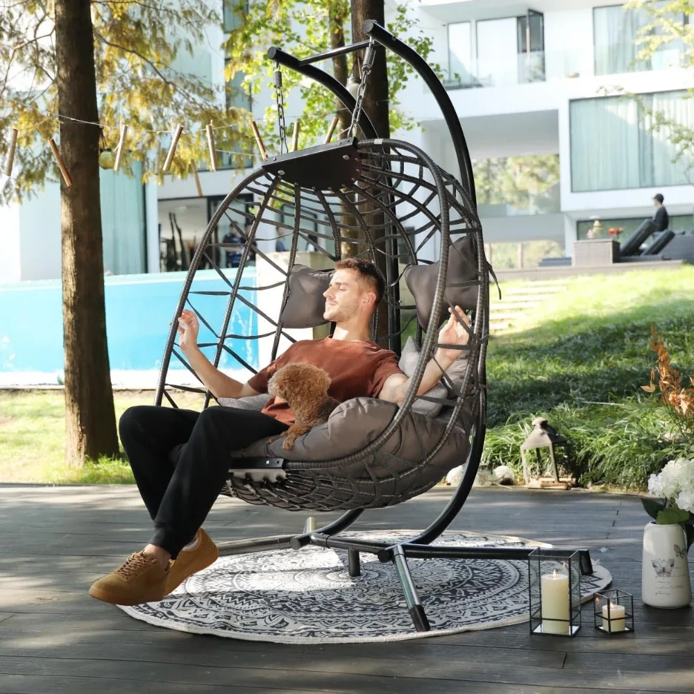 Large PE Wicker Egg Shaped Hanging Egg Chair with Stand and Thick Cushion, Indoor Outdoor. Oversized 2 Person Patio Swing Chair 3