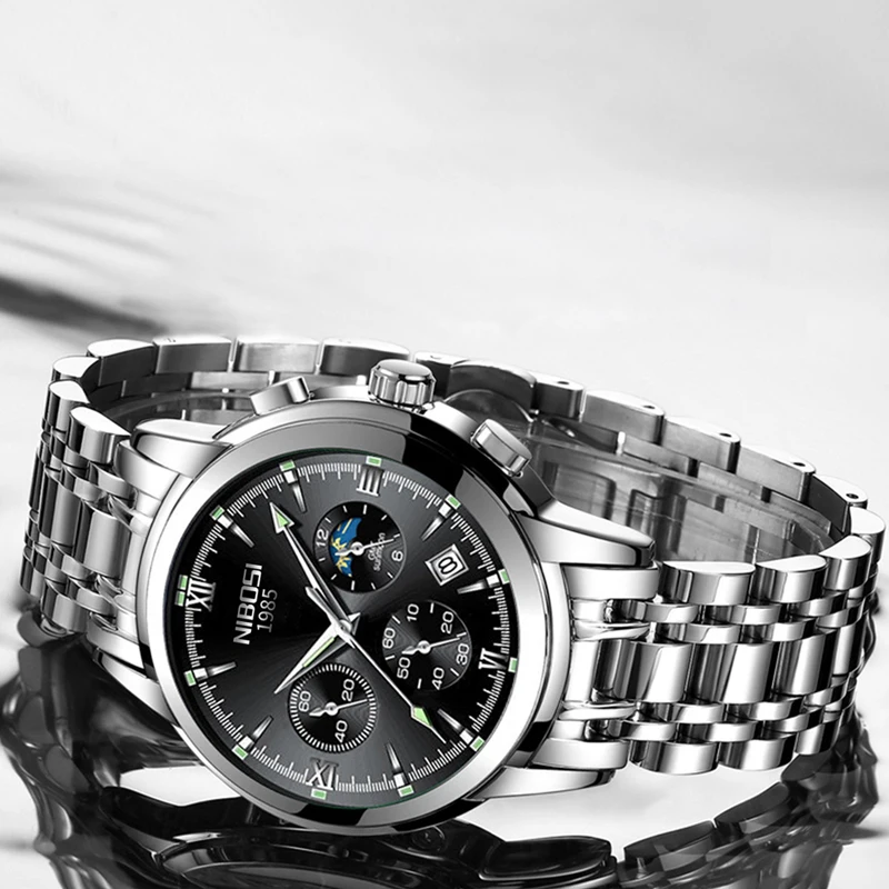 NIBOSI Man Watches Luxury Sporty Chronograph Wristwatches for Men Quartz Stainless Steel Band Luminous Clock Relogio Masculino