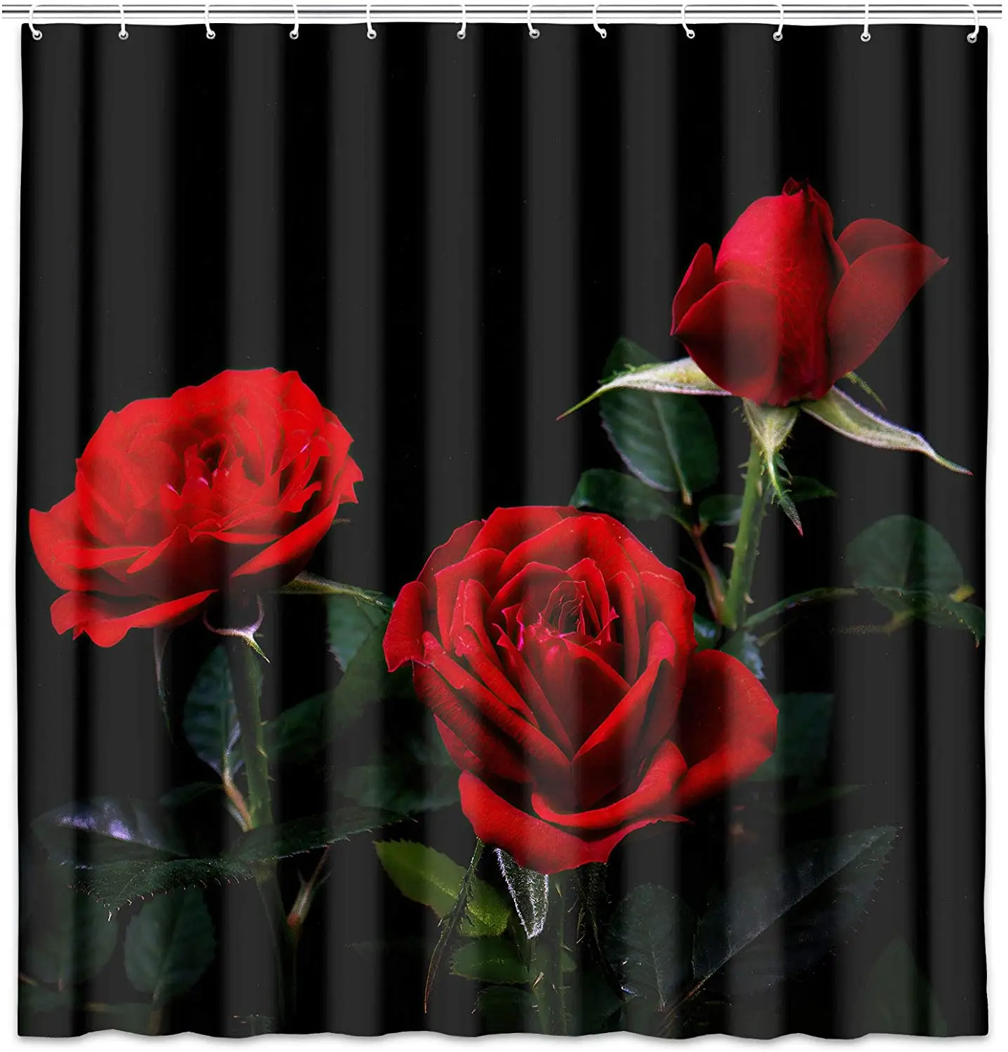 

Valentine's Day Flower Shower Curtain Red Rose Flowers Black Background Fabric Bathroom Bath Curtains Sets with Hooks