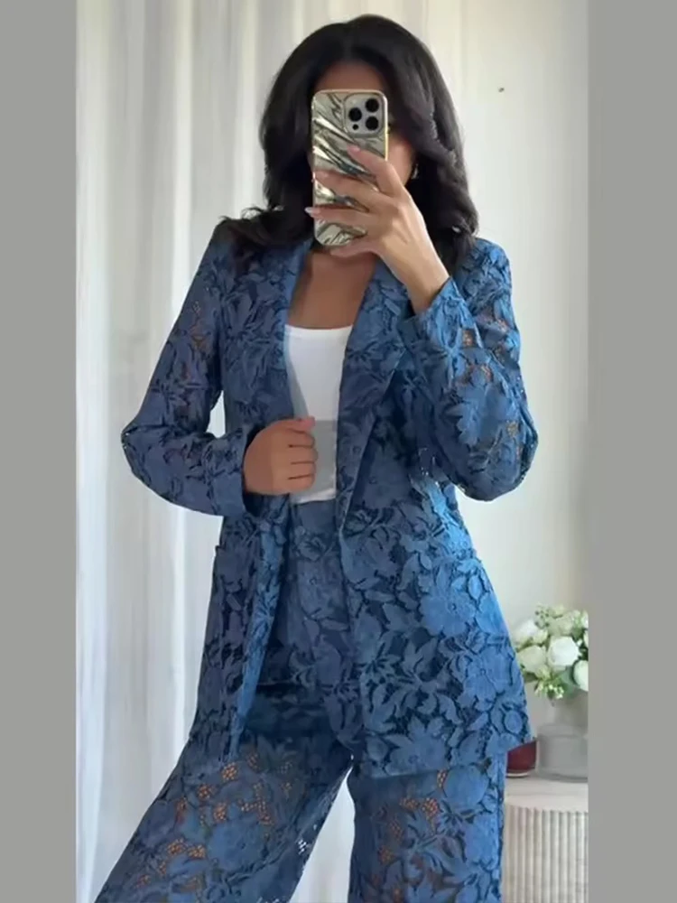 Women Lace Pants 2 Piece Set Fashion Sheer Lapel Long Sleeve Blazer Straight Pants 2025 Elegant Chic Commute Women's Suit ﻿