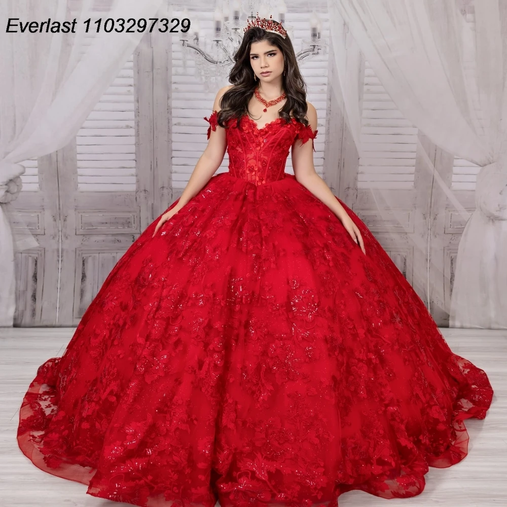 Quinceanera Dress Ball Gown Glitter Red Lace Applique Beading Long Sleeve Sweet 16 Vestido De 15 Anos E1Q08