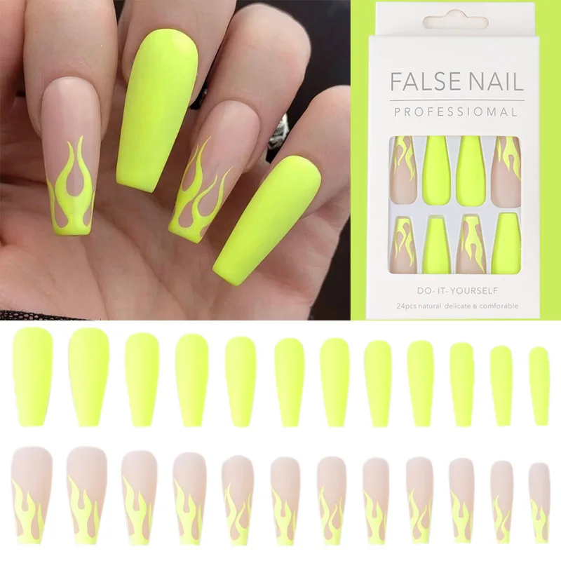 Frosted Fluorescent Yellow Flame Wearable Nail Art Long Coffin Press on Nails Detachable Matte Finished False Nails with Glue