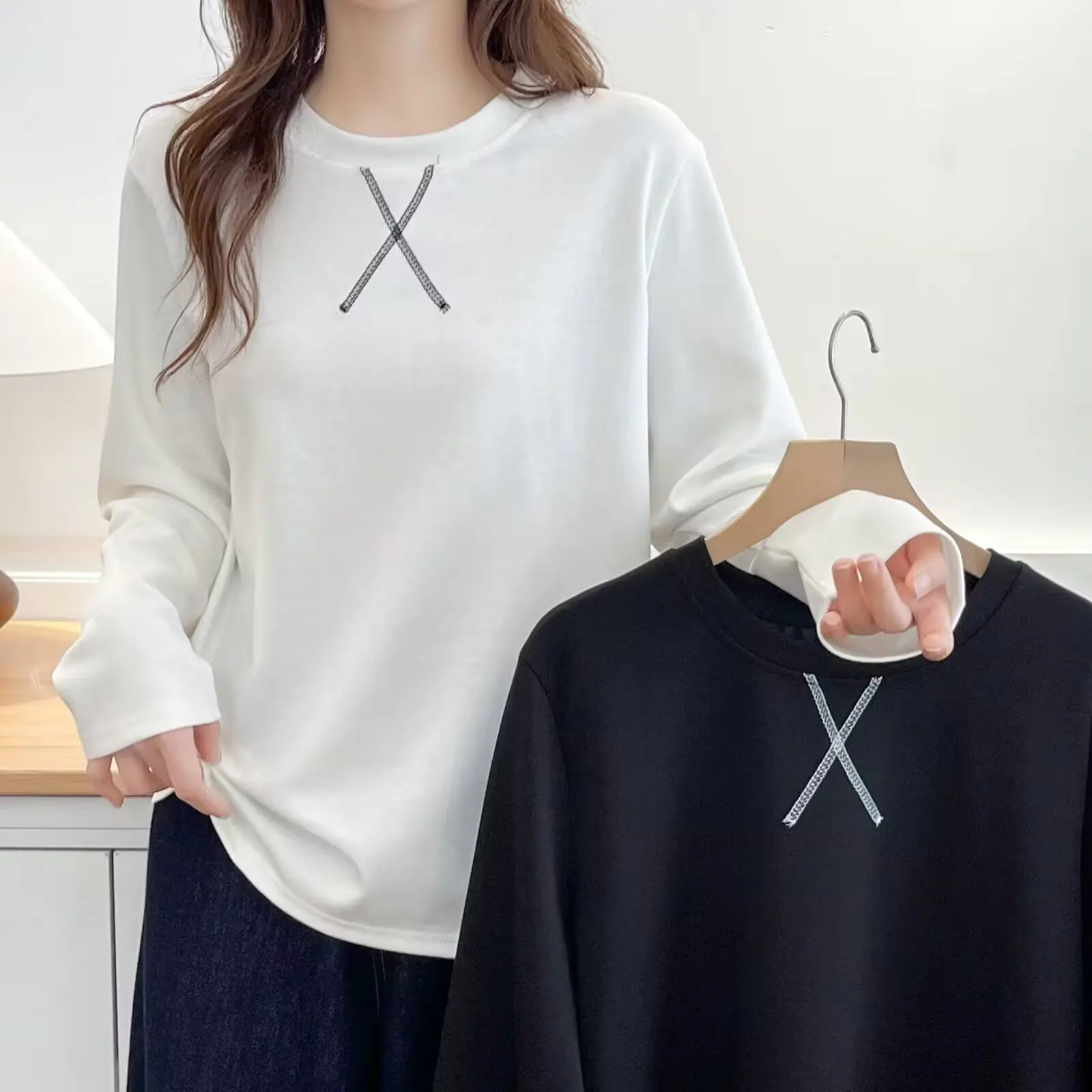 Fashion Plus Size Women's T-Shirt Autumn New Style Simple Neckline Bright Line Long Sleeve Casual Tops 956