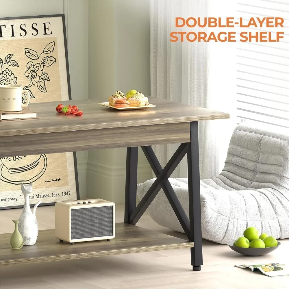 Coffee Table with Storage, 39inch Modern 2-Tier Coffee Tables for Living Room, X-Frame Design Farmhouse Coffee Table Space 5