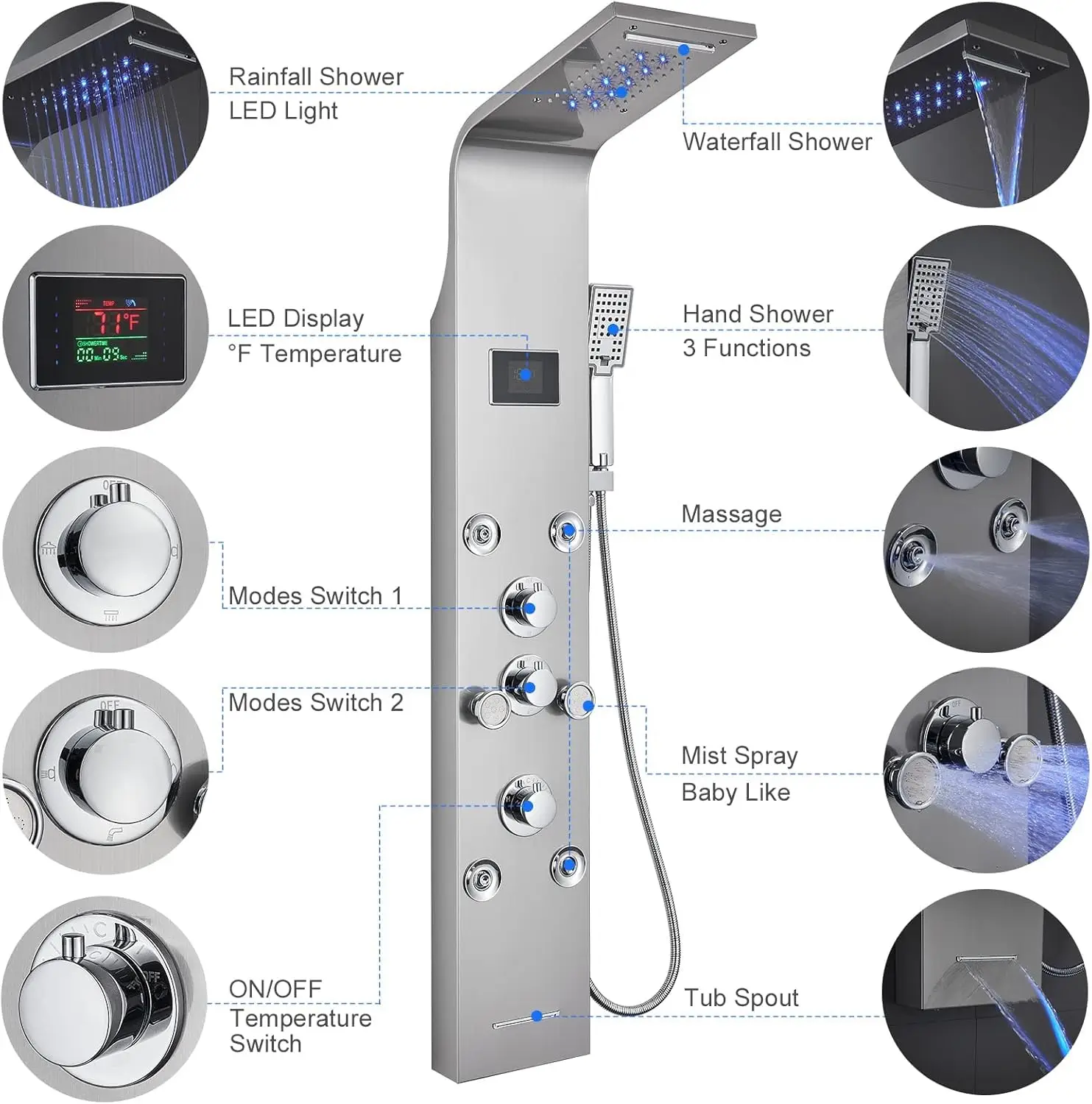 LED Lights Shower Panels Tower System 304 Stainless Steel Bathroom Shower Tower Column System Rainfall & Waterfall Shower Head 6