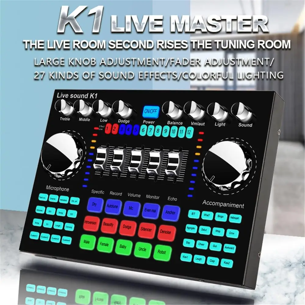 K1 Audio Mixer Live Sound Card Voice Changer Karaoke for Broadcast Recording KTV Music Audio Multifunctional Live Sound Card