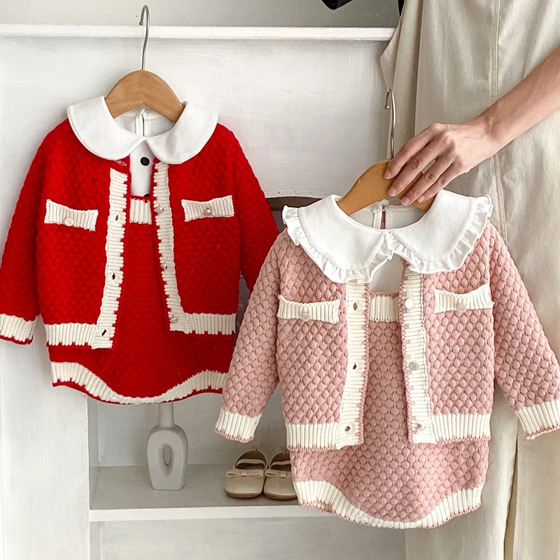 

Winter Korean Style Toddler Baby Girls Clothes Suit Knitting Splice Cardigan Coat+Jumpsuit Infant Baby Girl Knitting Clothes Set