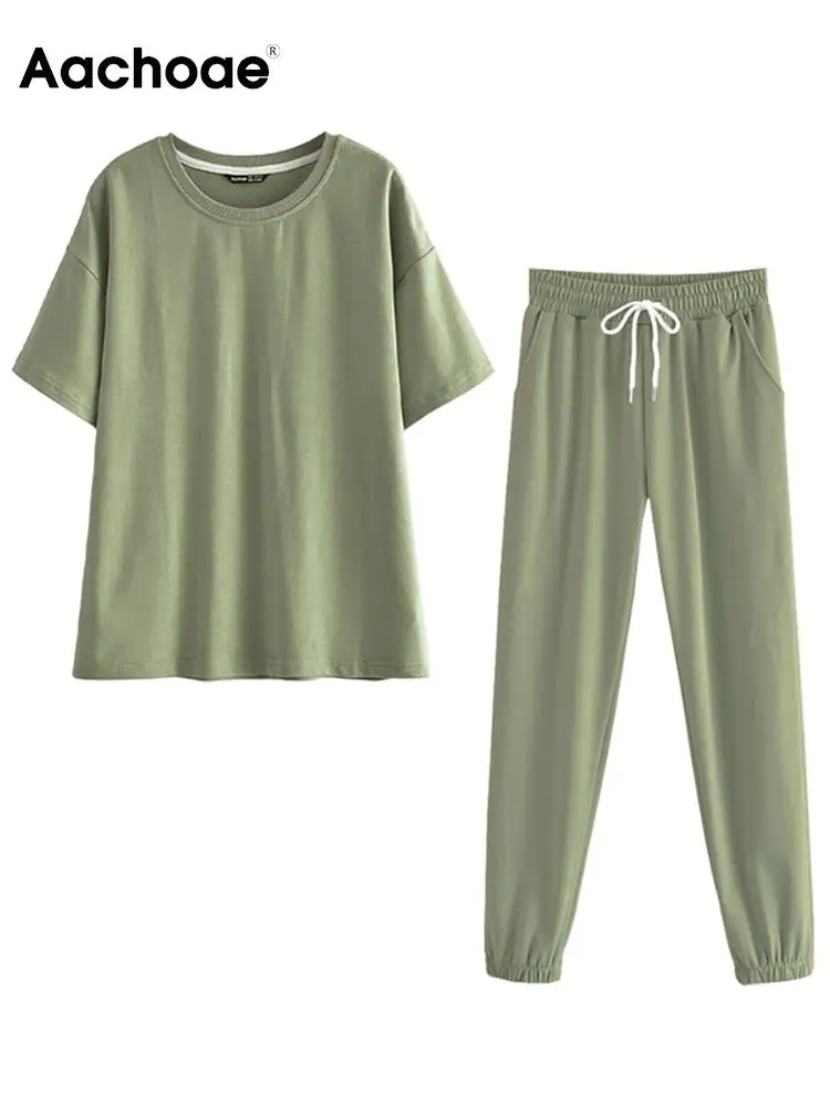 

Aachoae Summer Casual 2 Piece Set Women O Neck Batwing Sleeve Loose Basic Tshirt Sports Full Length Pencil Pants Lady Sets