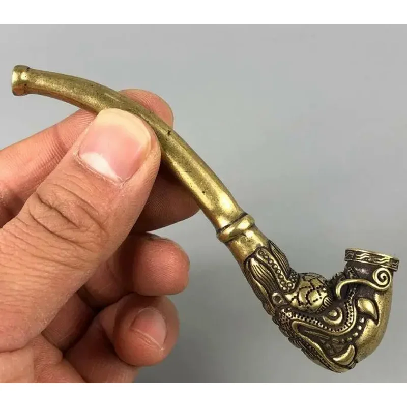 

Chinese Collectible Old Brass Handwork Lifelike Dragon Sm0king Pipe Statue